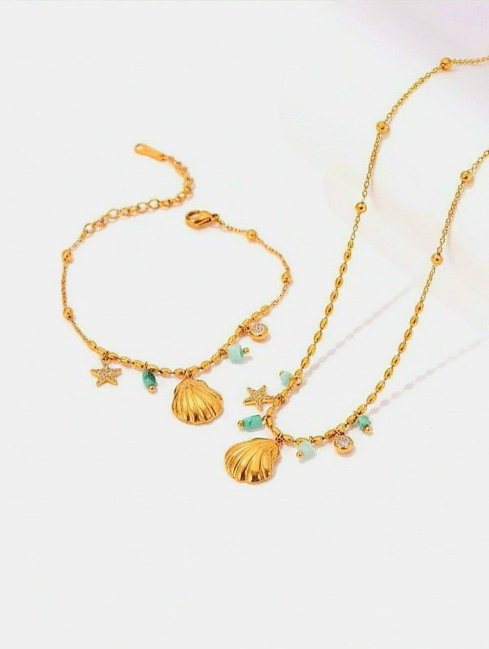 Gold Shell & Star Bracelet & Necklace Set with Aqua Accents - NEW Women Jewelry - Picture 2 of 7